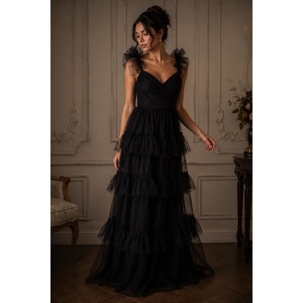 Lulus Black Tulle Ruffle Maxi Dress Fairy Goth Prom Party Medium